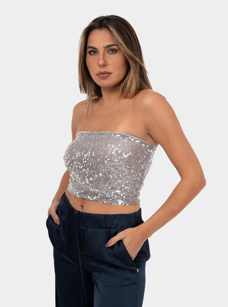 Top cropped in paiettes Grigio<BR/> TT9167 UNICA OTTO D'AME 