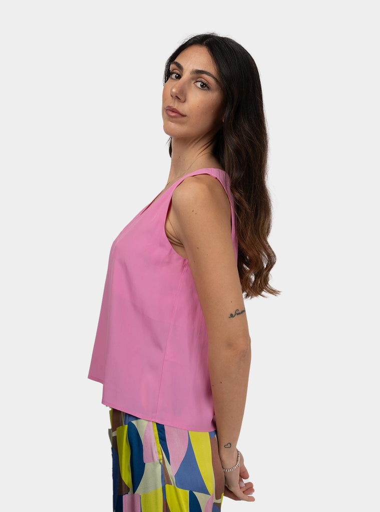 Top smanicato scollo V in misto seta Rosa SS25608T013 GOIABA NIU 