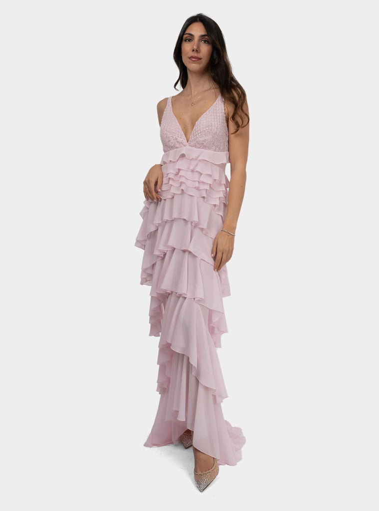 Abito red carpet in georgette con balze Rosa ABR4252E2 544QUARZO ELISABETTA FRANCHI 