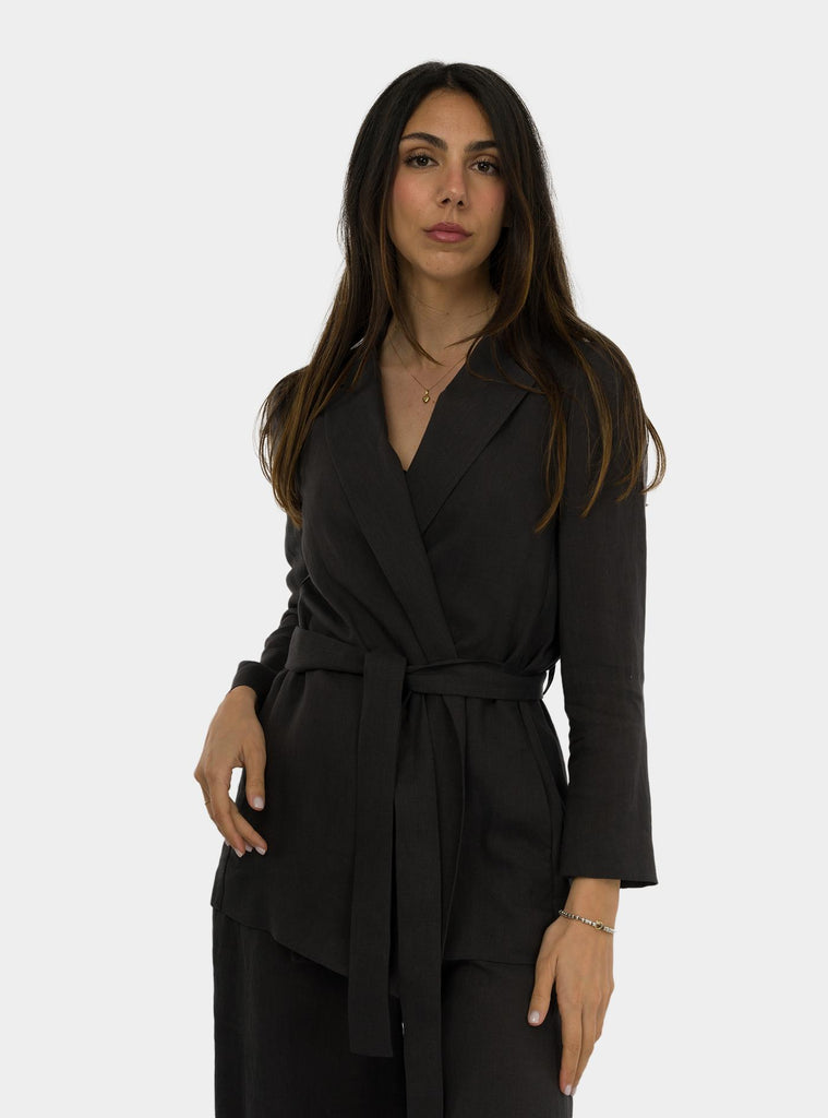 Giacca con fusciacca in lino Nero SS25304T032 PEDRA NIU 