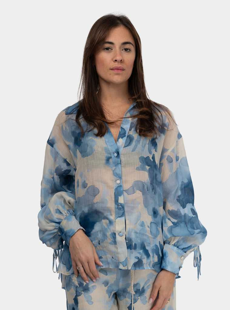 Camicia con laccio su maniche fantasia floreale Celeste SIBYL 1288 PROVENCE JARDIN HANAMI D'OR 