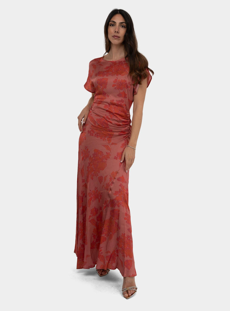 Abito lungo in viscosa a fantasia Corallo SIDNEY 1302 ROSEWOOD FLOWERS HANAMI D'OR 
