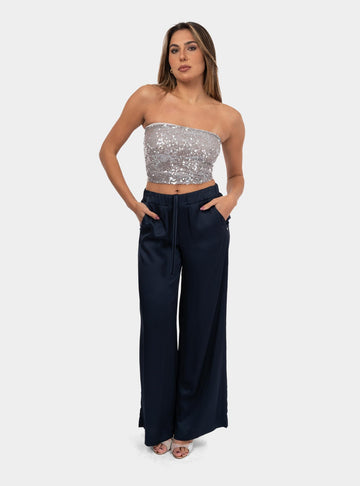 Pantalone palazzo con elastico in viscosa Blu DP9661-2 NIGHT OTTO D'AME 