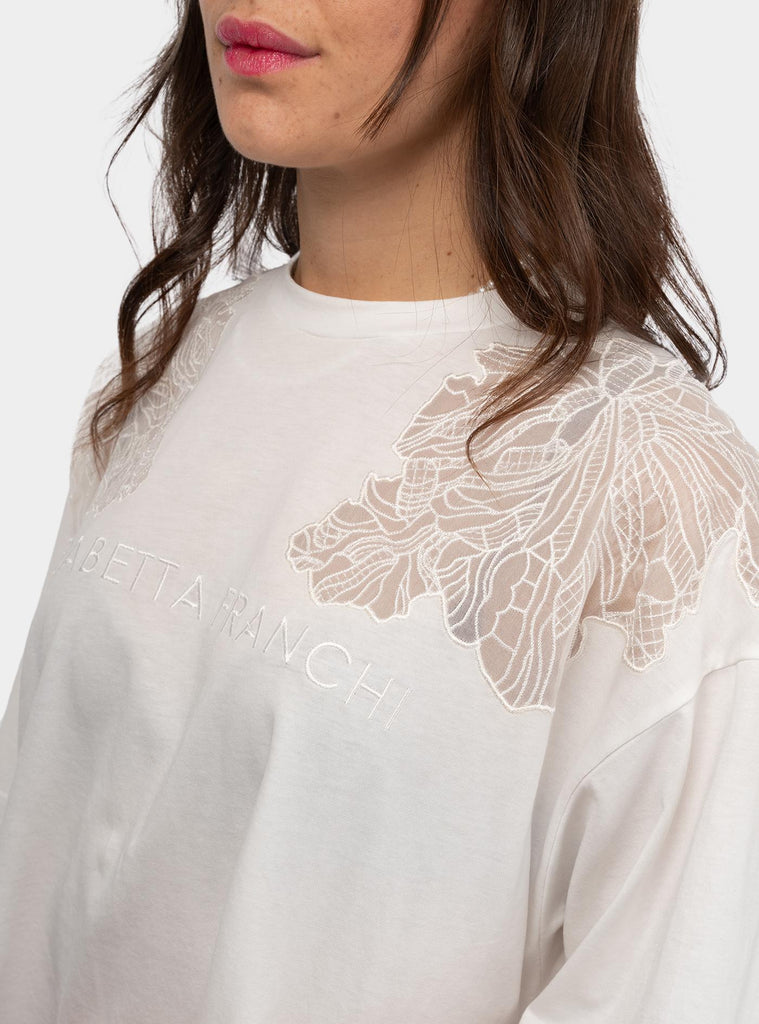 T-shirt in cotone con logo e ricamo Bianco<BR/> MA01851E2 270GESSO ELISABETTA FRANCHI 