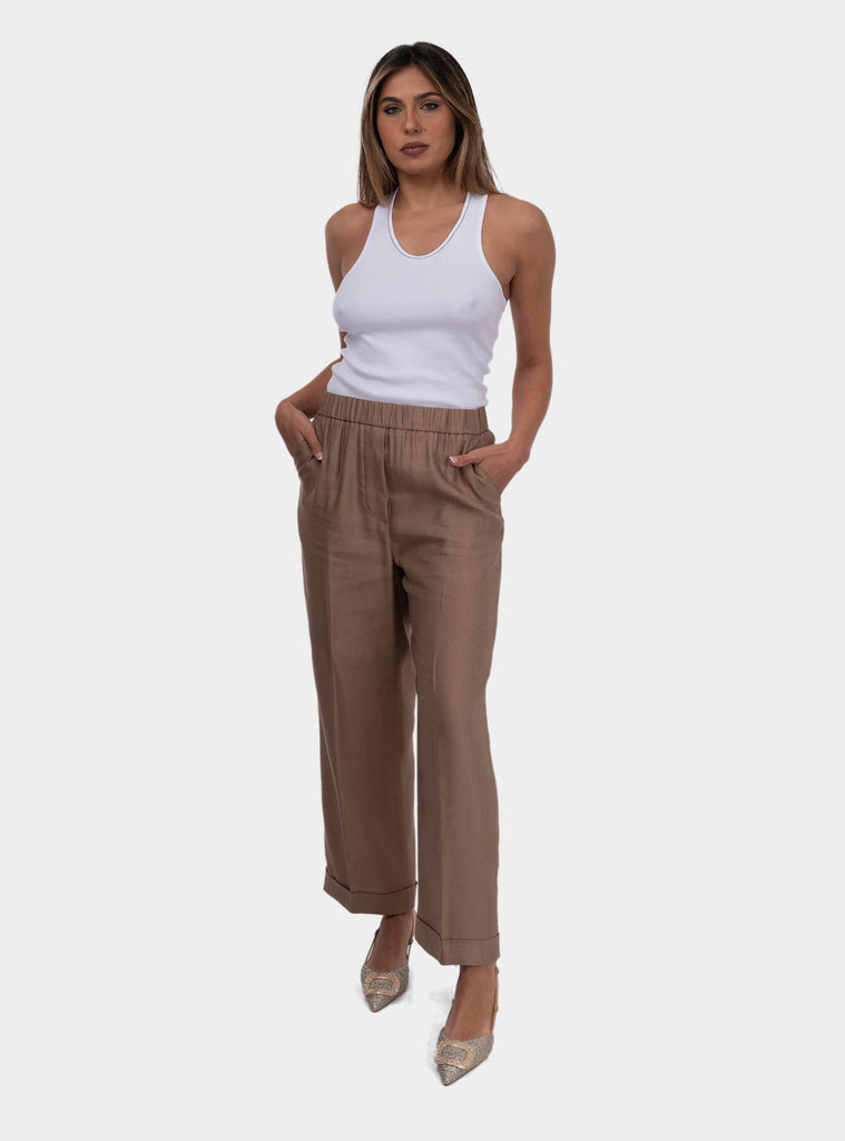 Pantaloni donna in gabardina lucida di viscosa e lino Cappuccino P04036 01921 048 PESERICO 