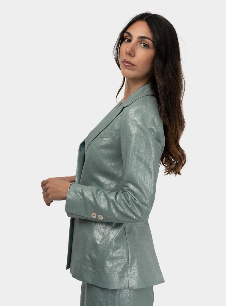 Giacca monopetto in lino laminato Verde Acqua SARTI 1310MISTERY JADE HANAMI D'OR 