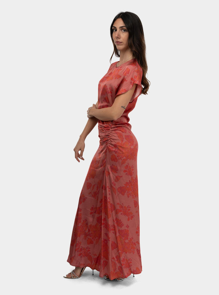 Abito lungo in viscosa a fantasia Corallo SIDNEY 1302 ROSEWOOD FLOWERS HANAMI D'OR 