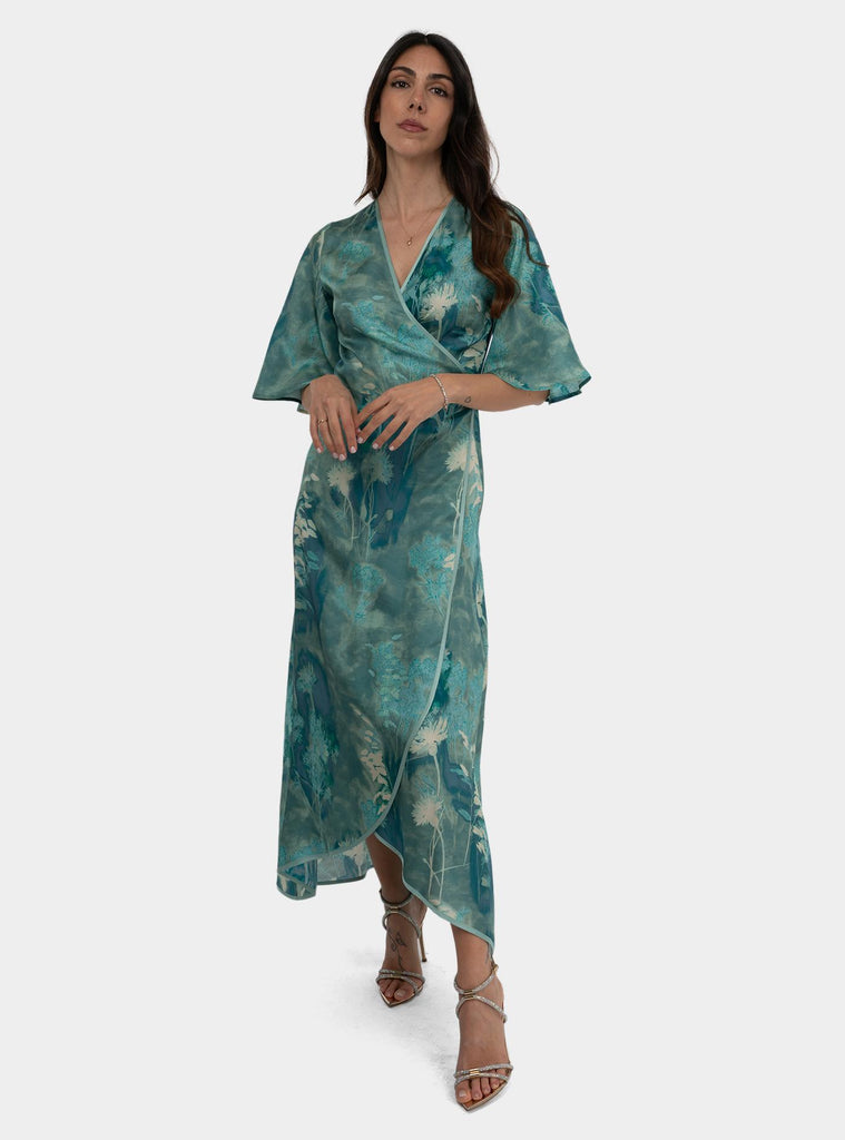 Abito fantasia lungo a portafoglio in seta Multicolor SALVADOR 1311ACQUATIC GREEN HANAMI D'OR 