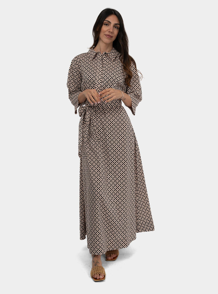 Abito in cotone a fantasia con fusciacca Beige SS25105T029 PRAIA NIU 