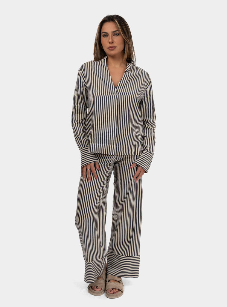 Pantalone palazzo in lino a righe Bianco Blu DP9821 UNICA OTTO D'AME 