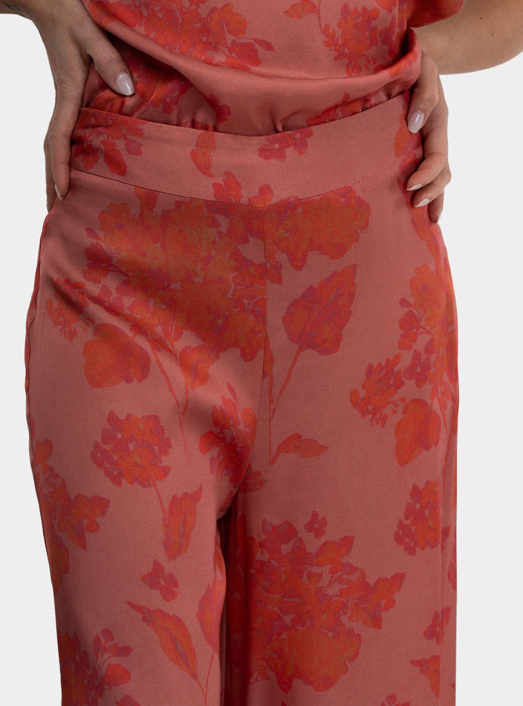 Pantalone palazzo in viscosa a fantasia Corallo SPENCER 1302 ROSEWOOD FLOWERS HANAMI D'OR 