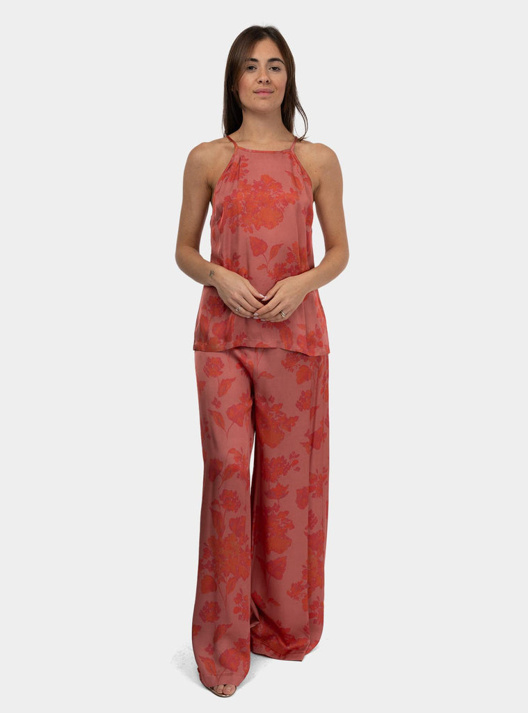 Pantalone palazzo in viscosa a fantasia Corallo SPENCER 1302 ROSEWOOD FLOWERS HANAMI D'OR 