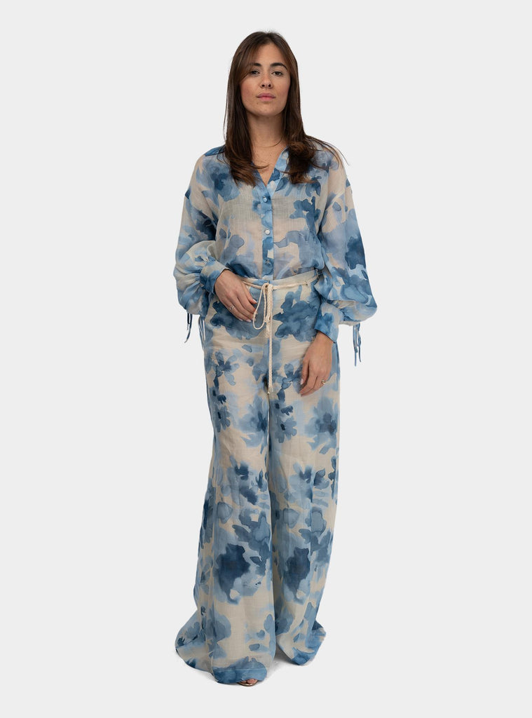 Pantalone ampio fantasia floreale Panna Celeste SEPE 1288 PROVENCE JARDIN HANAMI D'OR 