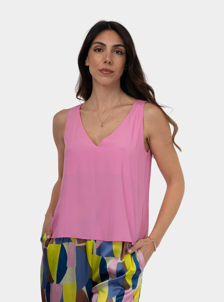 Top smanicato scollo V in misto seta Rosa SS25608T013 GOIABA NIU 